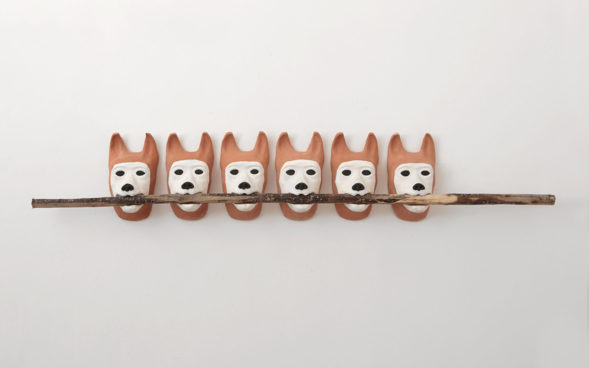 No-title, terrracotta, wood-stick, each mask 32x19x166,5 cm
